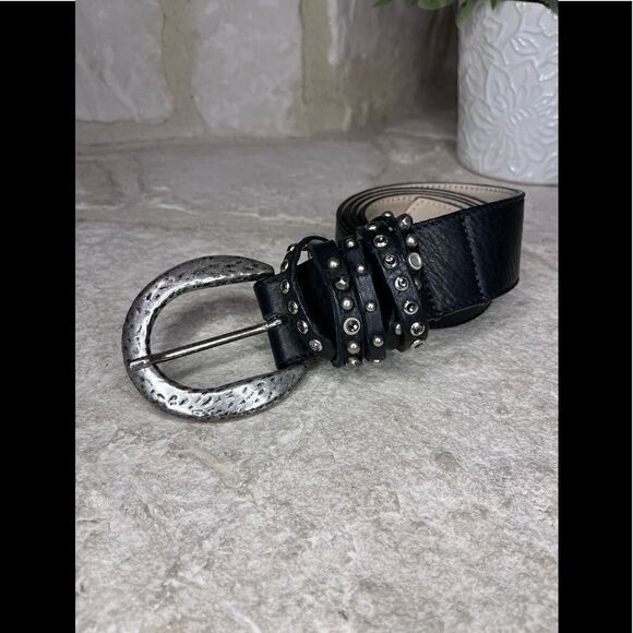 Leatherock silver hammered buckle rhinestones and stud black leather belt sz 34 - Picture 1 of 5